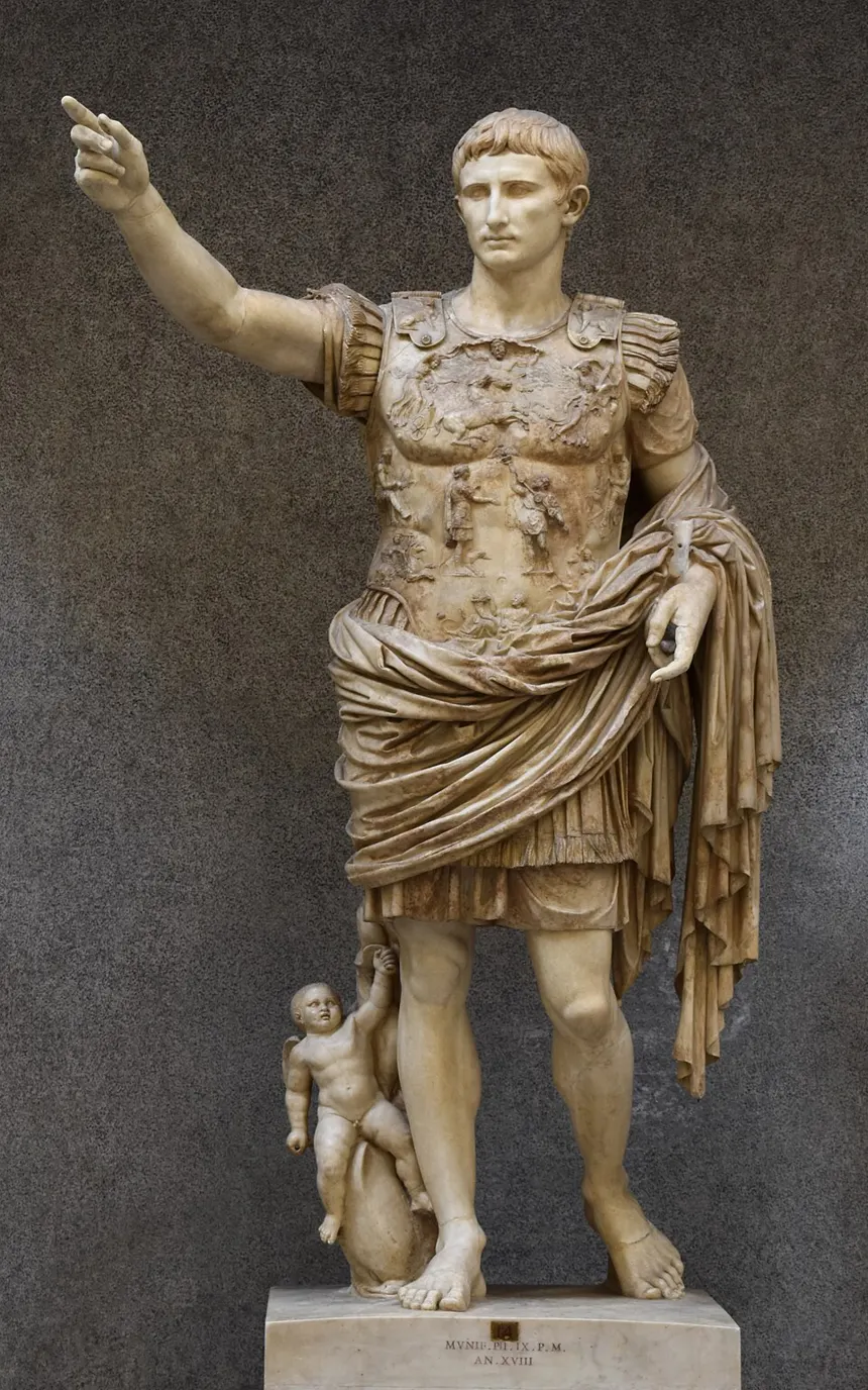 Roma İmparatorluğu — Prima Porta Augustus’u; Roma imparatorluk portreciliğinden bir örnek.