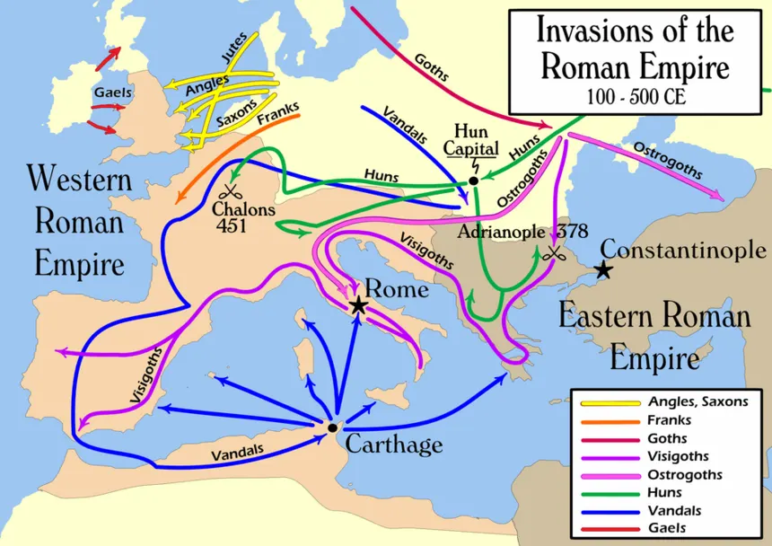 Roma İmparatorluğu — Roma topraklarına yönelen göç ve seferleri gösteren modern harita. Tek bir yılın sınırlarını göstermez.