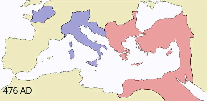 Roma İmparatorluğu — Batı ve Doğu Roma topraklarının MS 476’daki durumunu gösteren modern harita.