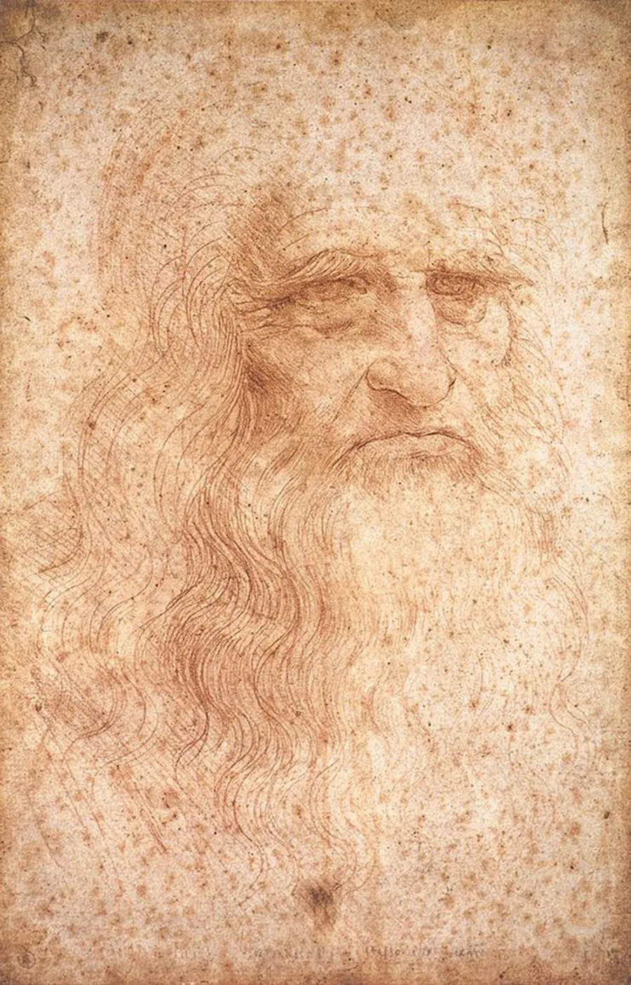 Rönesans — Leonardo da Vinci'nin olası bir öz-portresi olduğu düşünülen kızıl tebeşir çizim; kesinlik taşımayan, sanat tarihçileri arasında tartışmalı bir atıftır. Biblioteca Reale