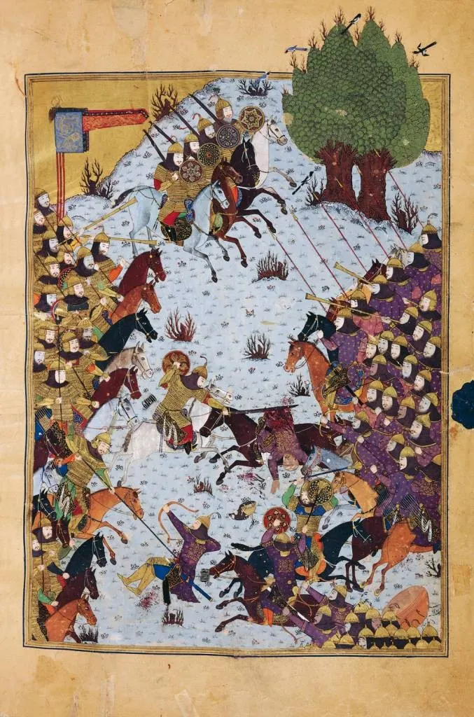 Şehname — 1430'da Timur'un torunu Prens Baysungur için hazırlanan Baysungur Şehnamesi'nden bir savaş sahnesi: İran ordusu Key Hüsrev'in, Turan ordusu Efrasiyab'ın komutasındadır.