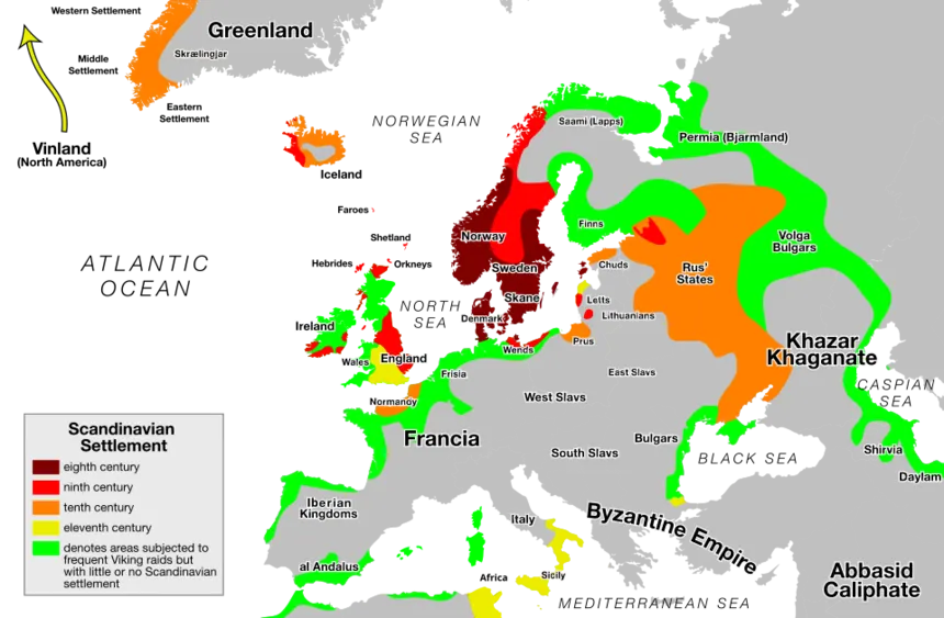 Vikingler — Areas subject to settlement and raids by Vikings and Normans: eighth century ninth century tenth century eleventh century subjected to frequent Viking raids but with li