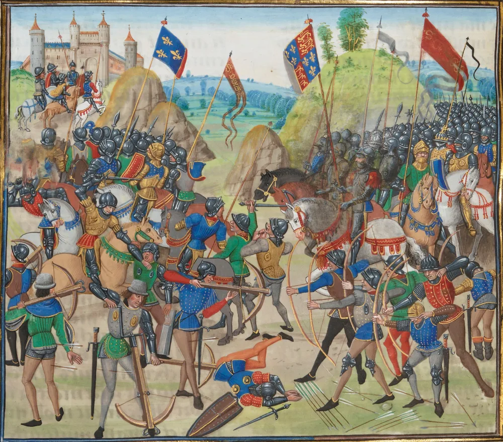 Yüzyıl Savaşları — Crécy Muharebesi (1346), Jean Froissart'ın Vakayinameleri'nin Gruuthuse el yazmasından bir minyatür. Zafer kazanan İngilizler sağda gösterilir. Bibliothèque Nati