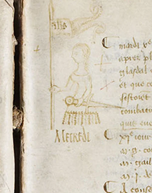 Yüzyıl Savaşları — Jeanne d'Arc'ın, kendisini hiç görmemiş bir Paris Parlamentosu kâtibi tarafından 10 Mayıs 1429'da bir tutanağın kenarına çizilen krokisi; yaşarken yapılmış bilin