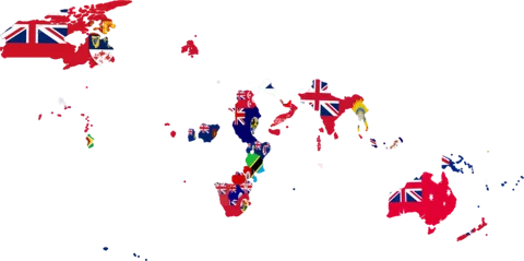 1921'de Britanya İmparatorluğu'nu oluşturan yönetimlerin bayraklarını harita üzerinde gösteren, kullanıcı tarafından hazırlanmış modern bir çizim. Dönemin bir belgesi değildir.