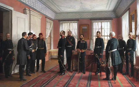 Esir düşen Gazi Osman Paşa, Plevne'nin teslim olduğu gün (29 Aralık 1877) Rus Çarı II. Aleksandr'a takdim edilirken.