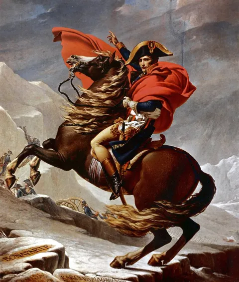 Jacques-Louis David'in "Alpleri Aşan Napolyon" tablosu (beş versiyondan biri); ressamın kendi isteğiyle idealize edilmiş, kahramanca bir propaganda portresidir -Napolyon'un gerçekte seferi bir katırla, sakin bir günde geçtiği bilinir. Charlottenburg Sarayı, Berlin.