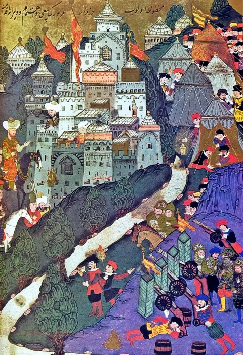 Niğbolu Savaşı'nı betimleyen Osmanlı minyatürü; Niğbolu Kalesi'nin kuşatılışını ve Haçlı ordugâhını gösteriyor. Topkapı Sarayı Müzesi, İstanbul (Hazine 1523).