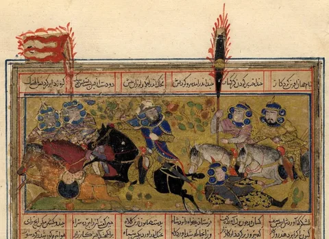 İsfendiyar'ın Turanlılarla savaşını gösteren, yaklaşık 1300 tarihli bir Şehname nüshasından ayrılmış sayfa (“İkinci Küçük Şehname” olarak bilinen resimli nüsha). Commons kaydına göre görsel British Museum'dan alınmıştır.