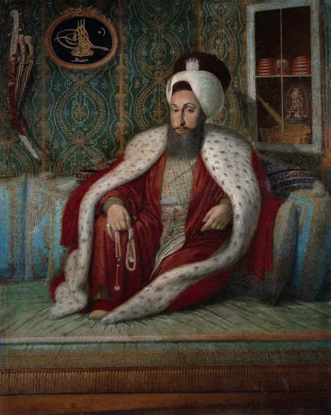 Saray ressamı Konstantin Kapıdağlı'nın III. Selim'i huzur kabulünde betimlediği resmi portresi; arka planda bir Avrupa yapımı masa saati ve küre görülüyor.