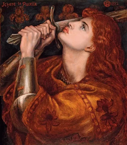 Dante Gabriel Rossetti'nin 'Jehane la Pucelle' (Jeanne d'Arc) tablosu; sanatçının ölümünden birkaç gün önce tamamladığı son eseri. Fitzwilliam Müzesi, Cambridge.