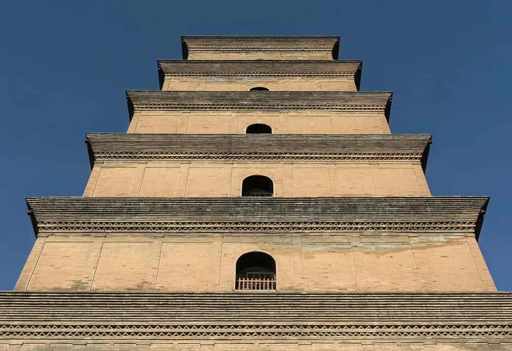 Büyük Yaban Kazı Pagodası, Xi’an. Tang dönemiyle ilişkili Budist mimari mirasın 2018 tarihli görünümü.